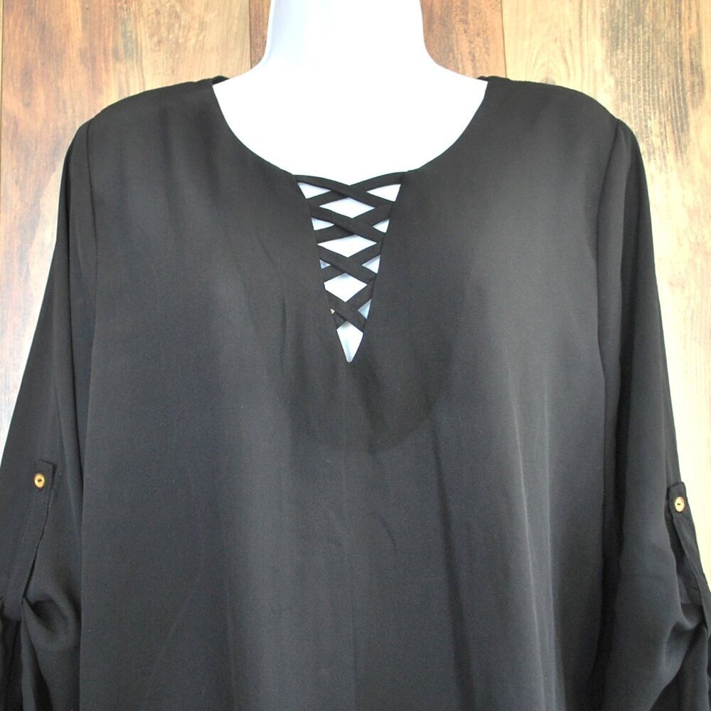 Belle Tweed Adjustable Sleeve Blouse Black L